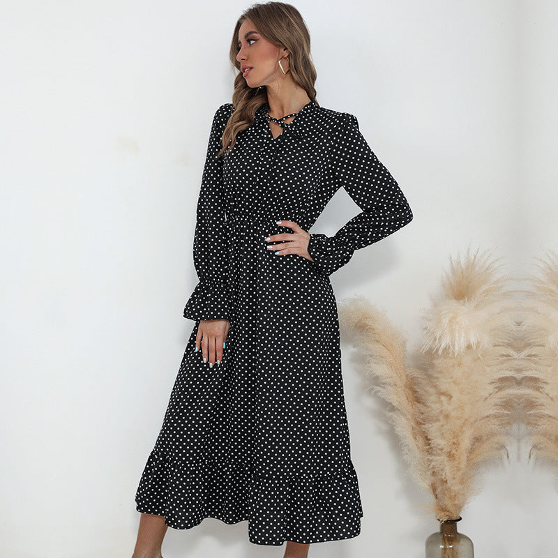 Fashion Women's Spring New Long-Sleeved Polka Dot Dress Long