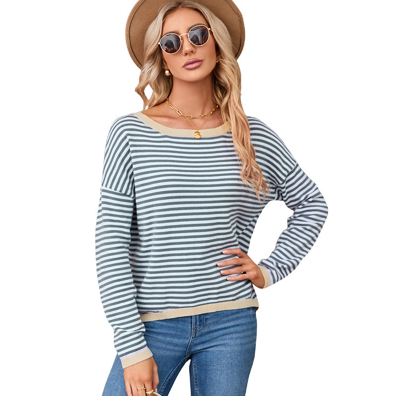 Contrast Color Border Striped Off Shoulder Sweater Woman Loose 100 Long Sleeve Knitted Pullover Blouse Woman