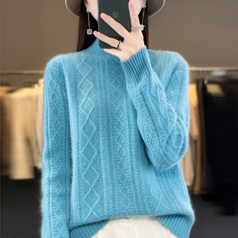 Autumn And Winter New 100% Woolen Sweater Women's Half Turtleneck Floral Thickened Sweater Set Cashmere Knitted Long-Sleeved Base Shirt