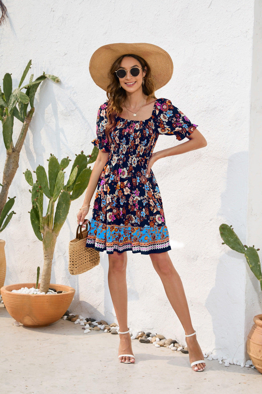 Spring And Summer Women's Waist Flower Print Waist Dress Bohemia Leisure Vacation Travel Dress