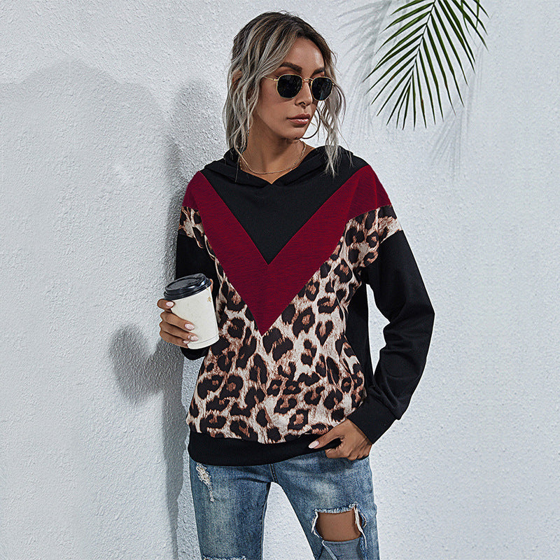 Splicing Leopard Hoodie Hooded Long-Sleeved Casual Street Women New