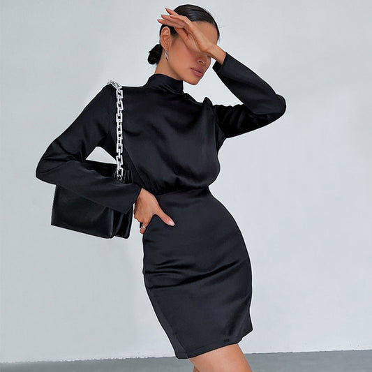 Spring/Summer New Backless Turtleneck Dress Commuter Bow Little Black Dress Dress Satin Ice Silk