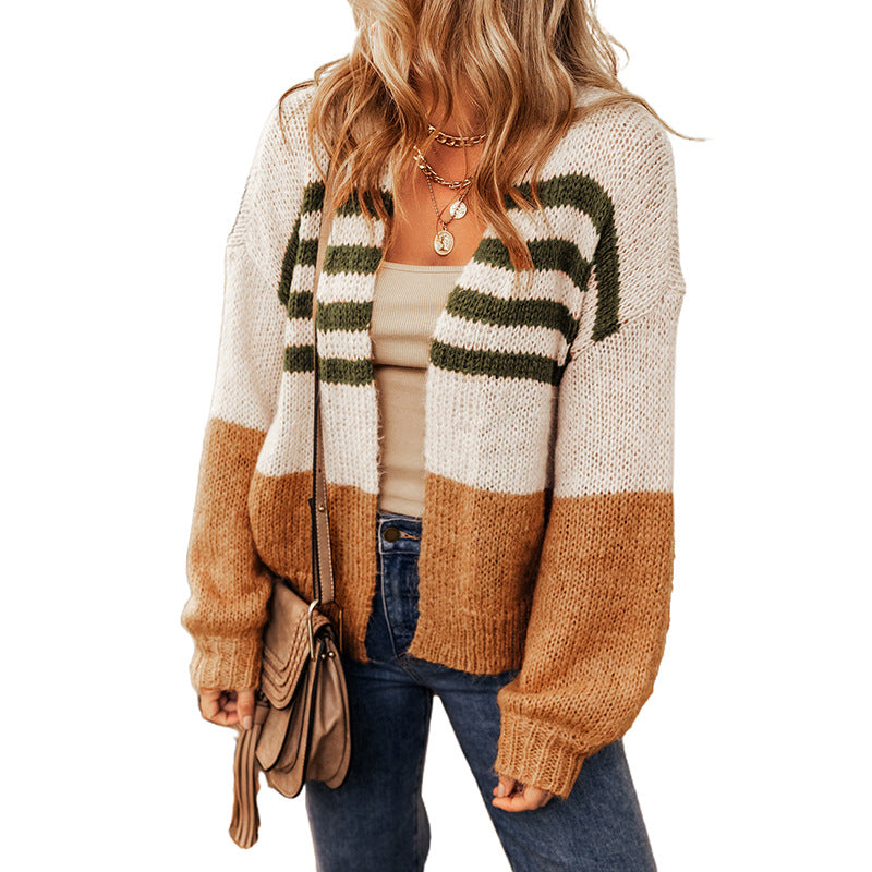 Winter New Striped Color Cardigan Sweater Women Casual Lazy Wind Down Shoulder Knit Cardigan Woman