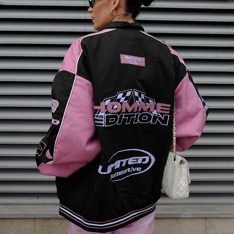 Autumn And Winter New Jacket Sports Printed Pink Casual Long-Sleeved Motorcycle Wind Jacket