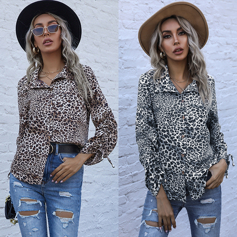 Long Sleeve Lapel Leopard Print Shirt Retro Loose Printed Shirt Woman