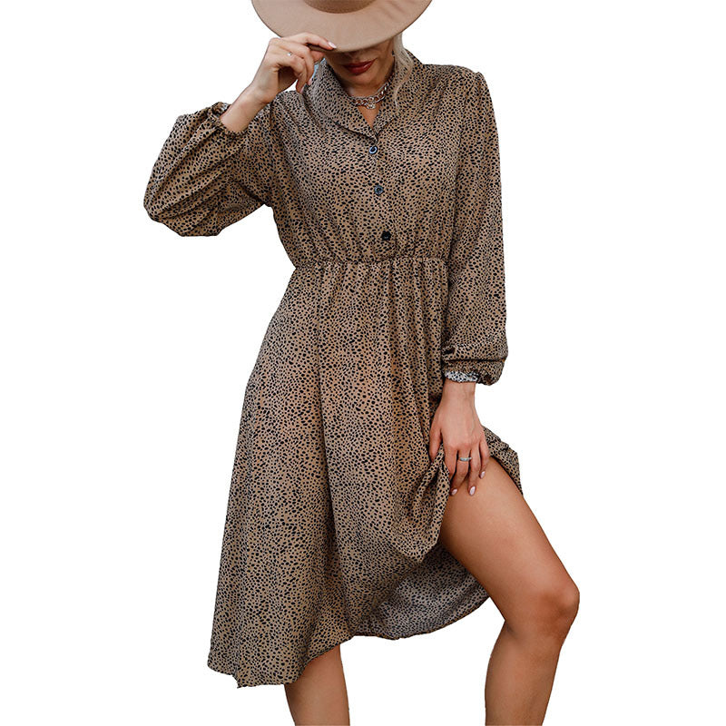 Early Autumn Fashion Women's Lapel Long Sleeve Leopard Dress Female Match