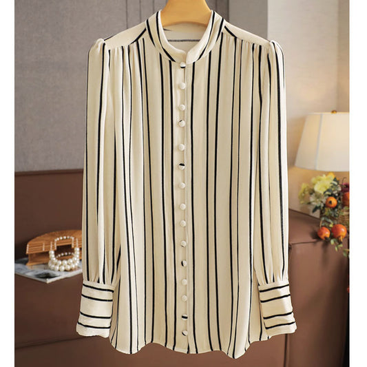 Velvet-Striped Stand-Up Collar This Button-Down Shirt