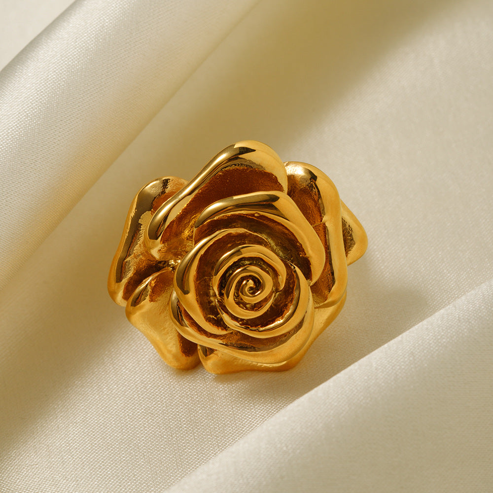 5pcs 18K Gold Stainless Steel Rose Ring No. 7 Simple Ring Three-Dimensional Sculpture Flower