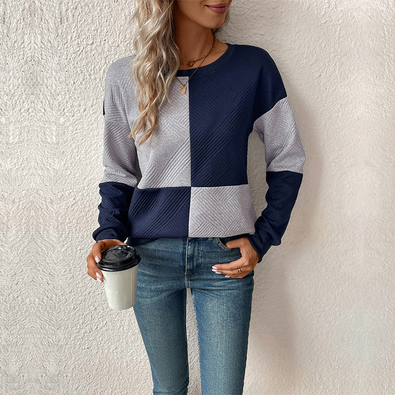 Women's New Autumn Long Sleeve Matching Color Pullover Round Neck Hoodie