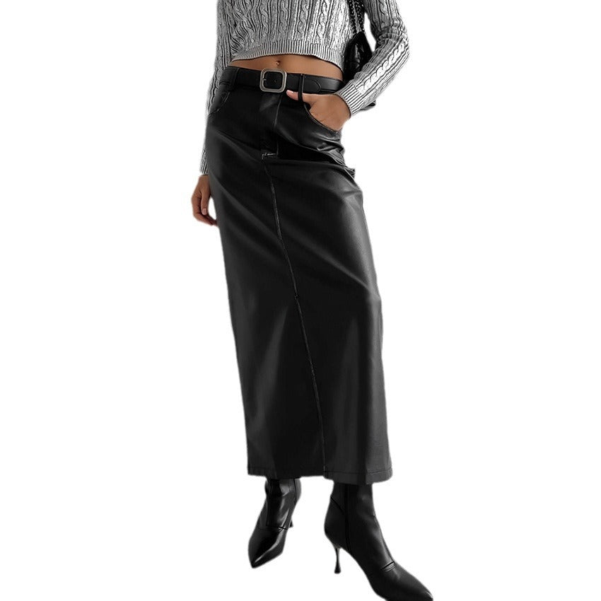 Vintage Fleece Leather Skirt Skirt Fashion Black High Waist Split Straight Leather Skirt Package Hip Skirt Women's Dress