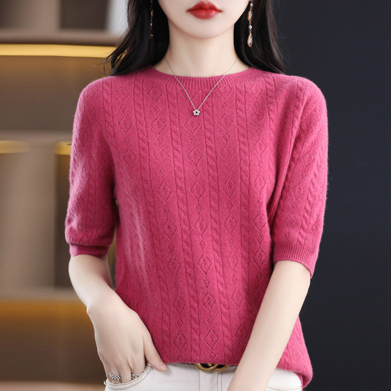 New Spring And Summer Round Neck 100 Knitwear Women Hollow Half Sleeve Bottom Top Knitting