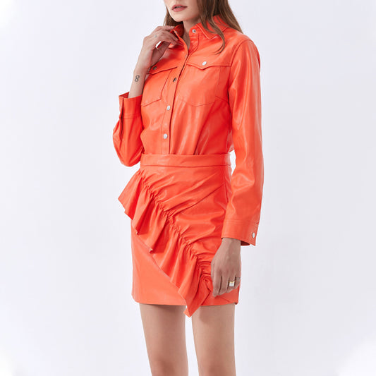 Two-Piece Lapel Pu Leather Slim-Fit Jacket Jacket High Waist Short Skirt Suit Women