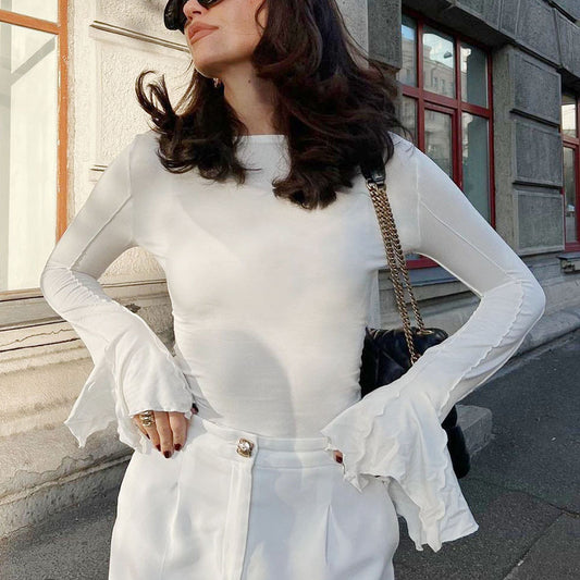 Sexy Fashion Knitted White Crew-Neck Long-Sleeved T-Shirt Can Match The Temperament Of Women Wearing A Top