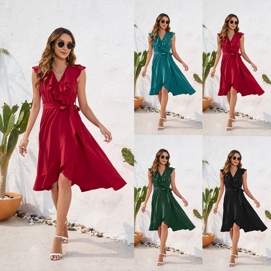 Women's Waistline Sexy V-Neck Dress Leisure Vacation Travel Solid Color Dress Sleeveless Slit Skirt