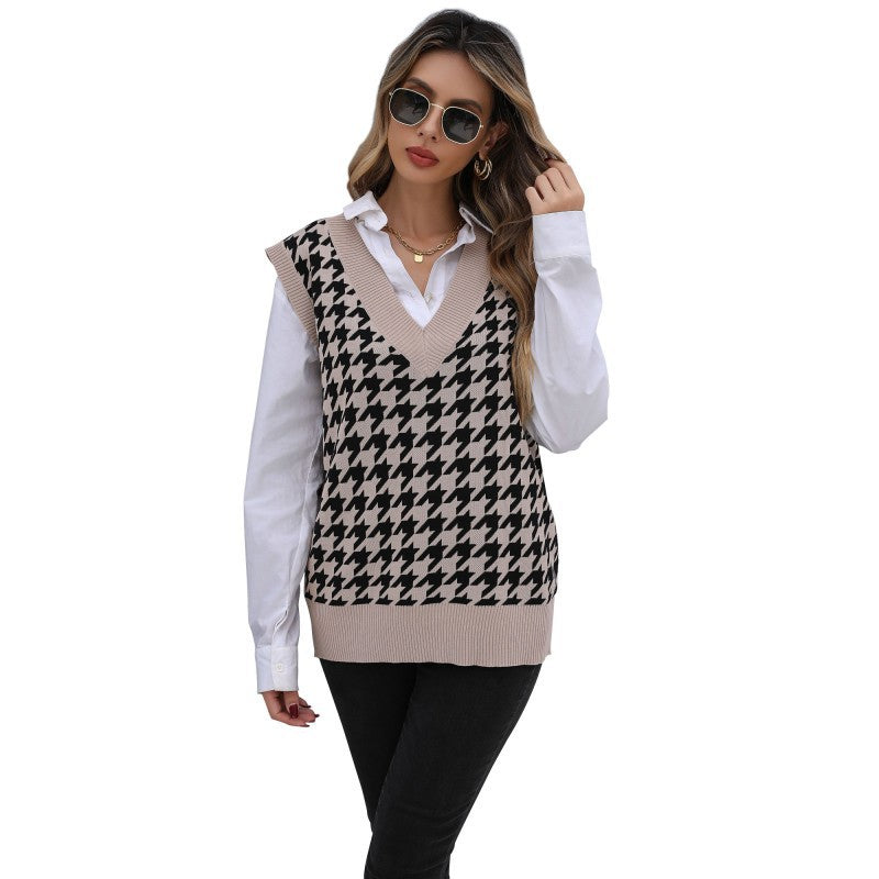 Early Autumn Fashion Women's Long Thousand Bird Check Sweater Vest Woman