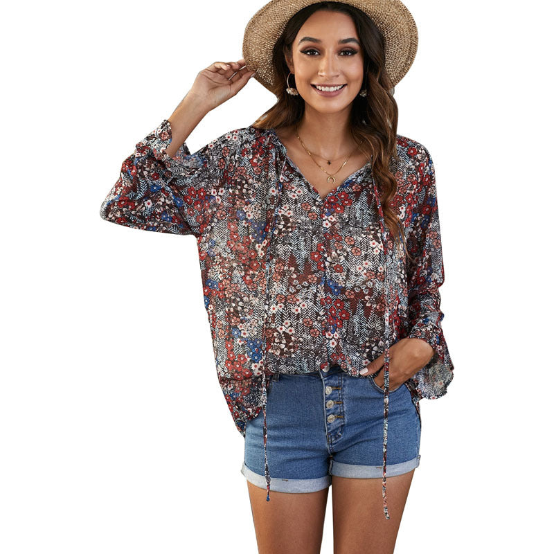 Summer New Long Sleeve Floral Chiffon Loose Casual V-Neck Pullover