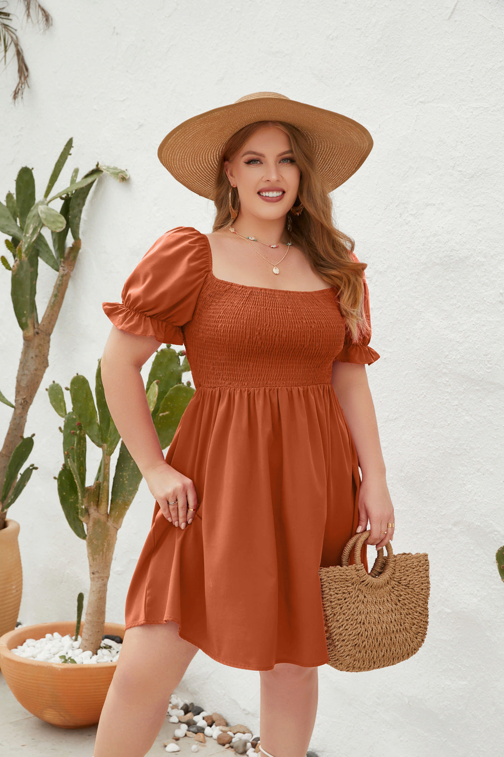 Women's Plus-Size Solid Color Leisure Vacation Dress Travel Square Collar Dress With Puffy Sleeves