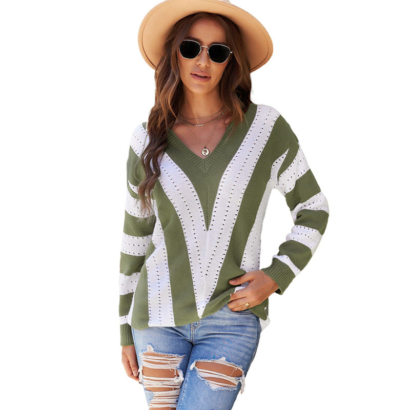 Casual V-Neck Loose Sweater Woman Autumn And Winter New Fashion Striped Color Pullover Sweater Woman