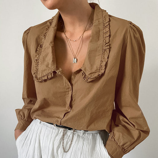 Brown Cotton Pleated Baggy Lapel Blouse New Fall Fashion Top