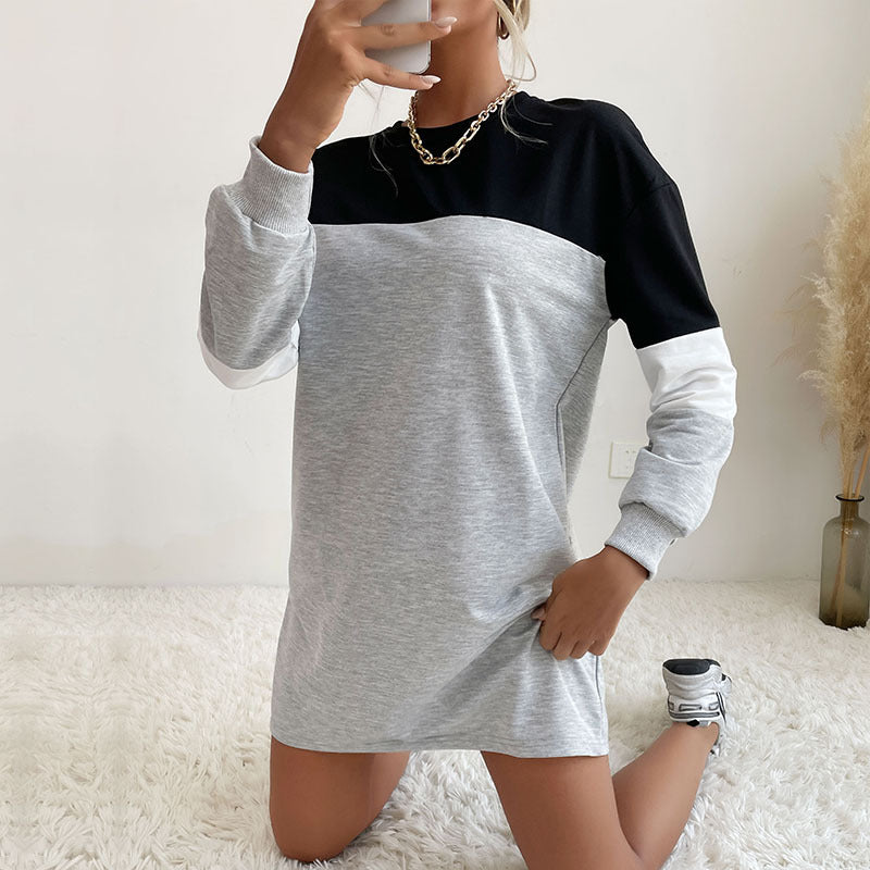 New Autumn New Women's Round Neck Straight Skirt Match Color Casual Medium Long Pullover Hoodie Dress