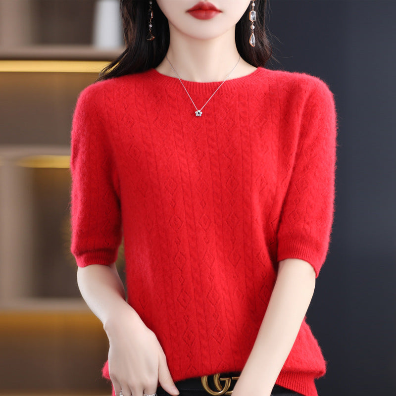 New Spring And Summer Round Neck 100 Knitwear Women Hollow Half Sleeve Bottom Top Knitting