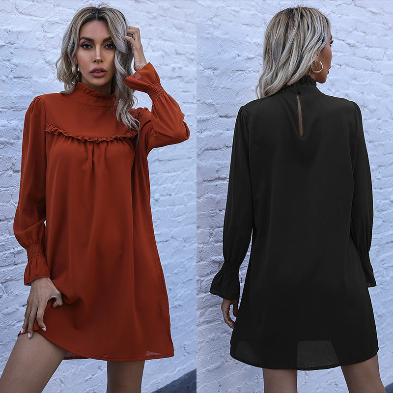 Fashion Women's Loose Skirt Solid Color Long-Sleeved High-Neck Dress