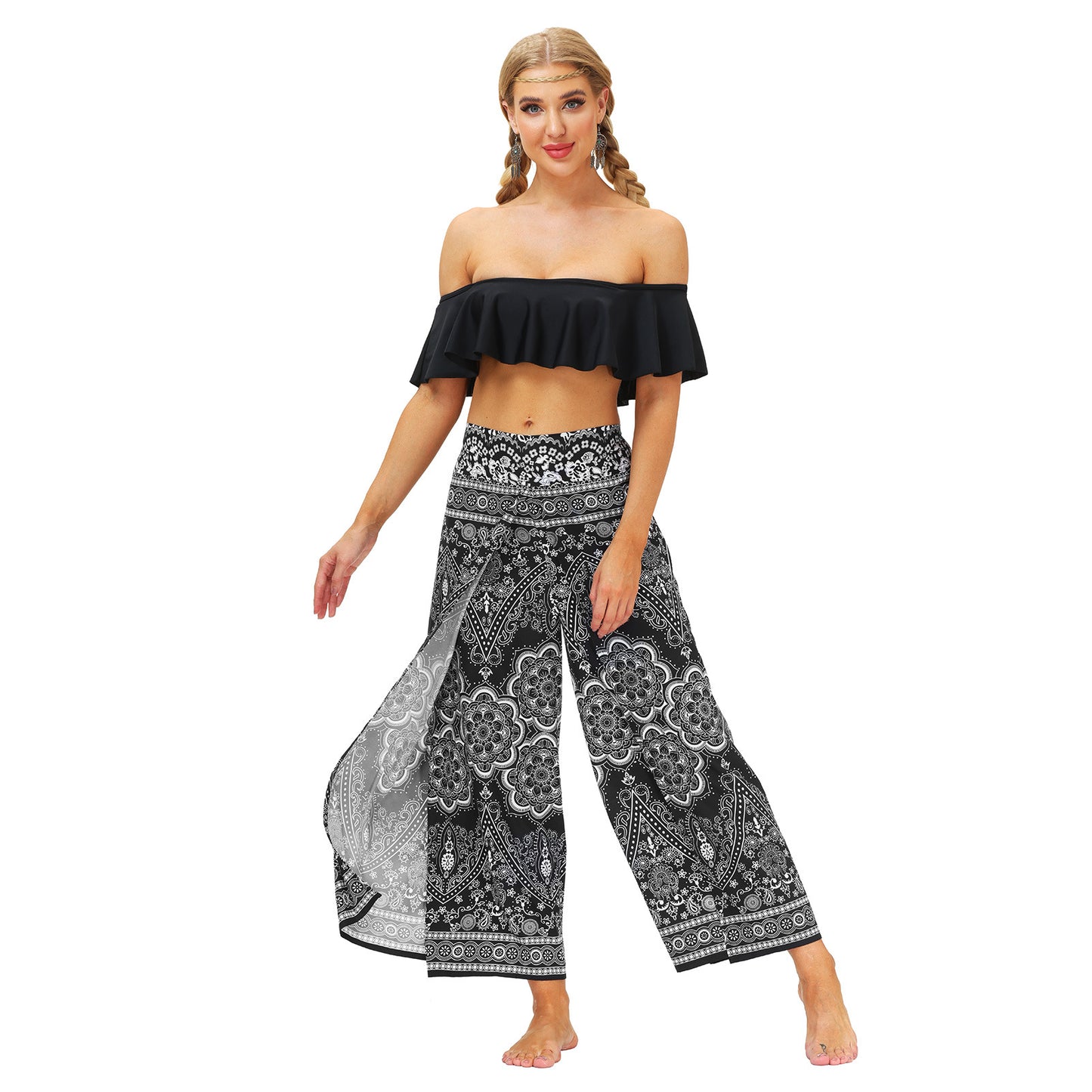 Digital Print Split Slacks Slacks Slacks Sports Yoga Pants Women's High-Waisted Wide-Leg Pants