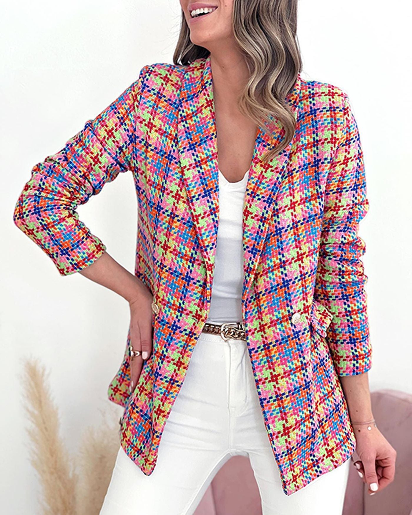 Autumn And Winter New Long-Sleeve Pocket Print Plaid Slim Coat Woman