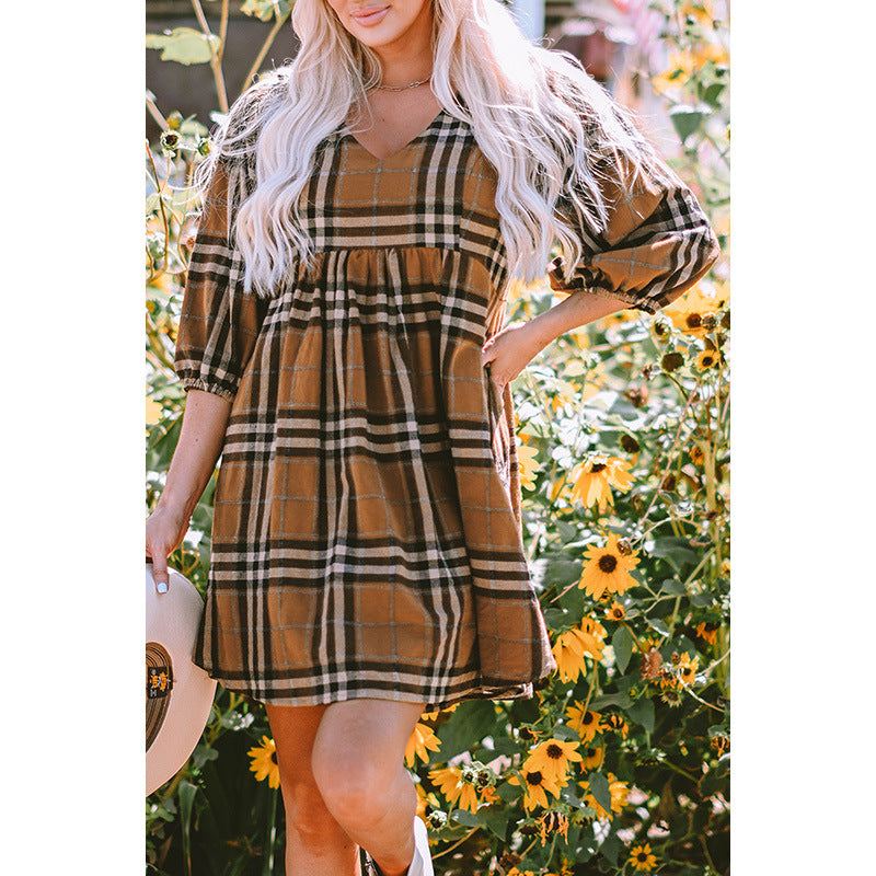 Fall New Pullover V-Neck Skirt Women Casual Plaid Long-Sleeved Dress Women