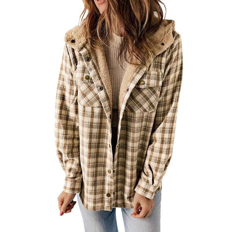 Winter New Casual Plaid Hooded Coat Woman Thick Plus Fleece Warm Jacket Woman