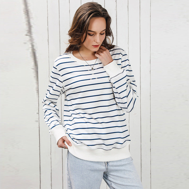 Early Autumn New Striped Long-Sleeved Top Women Casual Style Loose Pullover Crewneck Sweater Women