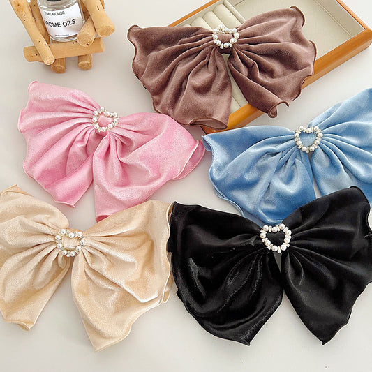 Vintage Large Bow Solid Color Rolled Edge Heart Diamond Premium Hair Clip Women's Velvet Hair Clip