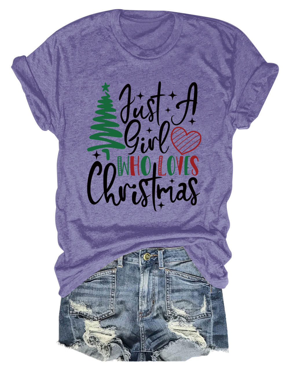 New Just A Girl Fun Christmas Tree Print Round Neck Short Sleeve Female Spot