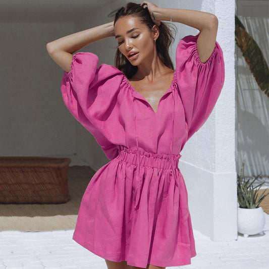 Summer New Fashion Leisure Suit V-Neck Cotton Hemp Women Lantern Sleeve Shirt Short Two-Piece Set