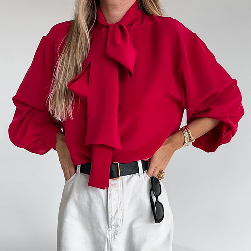 Red Chiffon Lapel Float Lead Women's Loose Shirt New Fall Fashion Top For Women