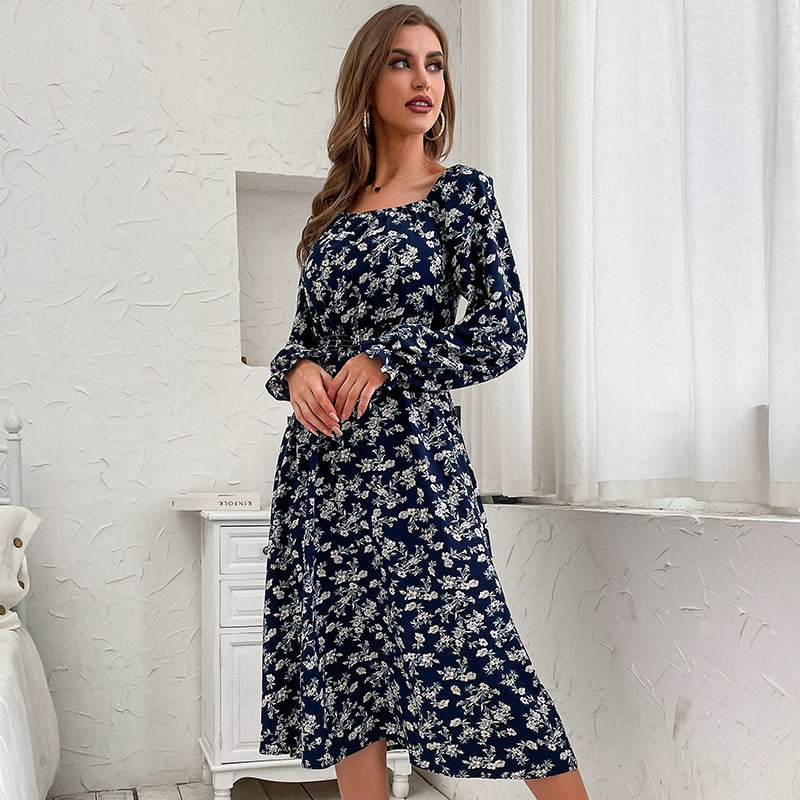 Fashion Women's Blue Long-Sleeved One-Shoulder Floral Dress Autumn