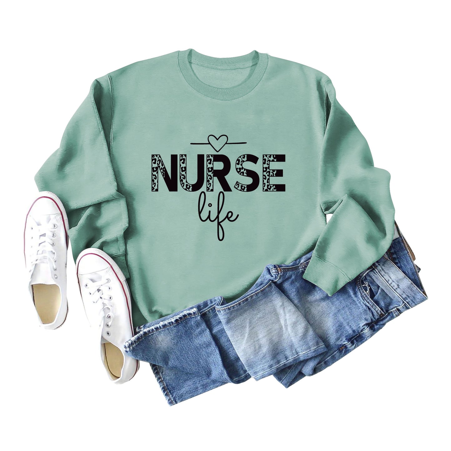 Pullover Crew Neck Top Long Sleeve Nurse Life Print Loose Hoodie