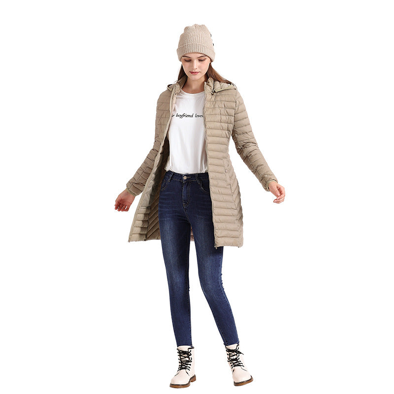 Women's Fall/Winter Lightweight Mid-Length Slim-Fit Cotton-Padded Jacket Removable Hooded Casual Commuter Coat