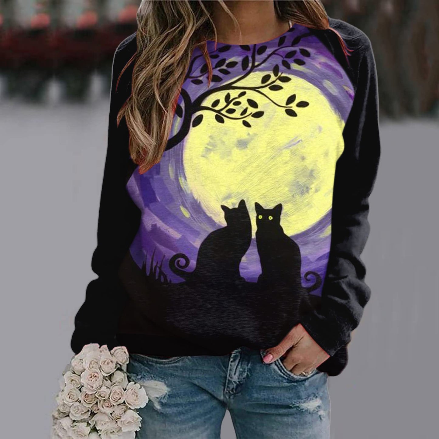 New Women's Halloween Christmas Women's Clothing 3D Three-Dimensional Printed Castle Dark Round Neck Hoodie