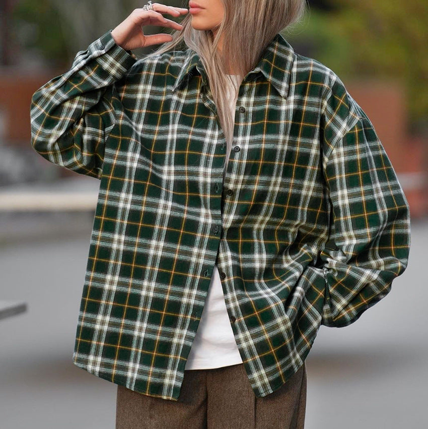 Retro Green Niche Cotton Plaid Shirt Long Sleeve Lapel Loose Shirt For Autumn And Winter New