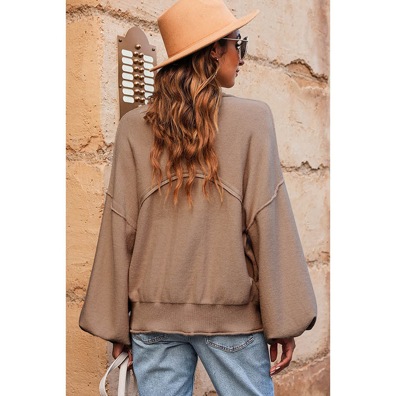 Autumn New Solid Color Furred Edge Pocket Long Sleeve Top Women Casual Style Pullover Sweater Woman