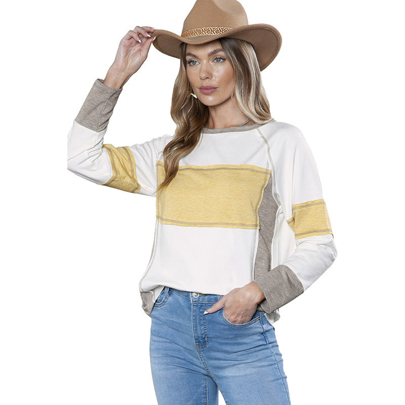 Autumn New Spliced Round Neck Long Sleeve T-Shirt Women Fashion Color Contrast Loose Undershirt Women