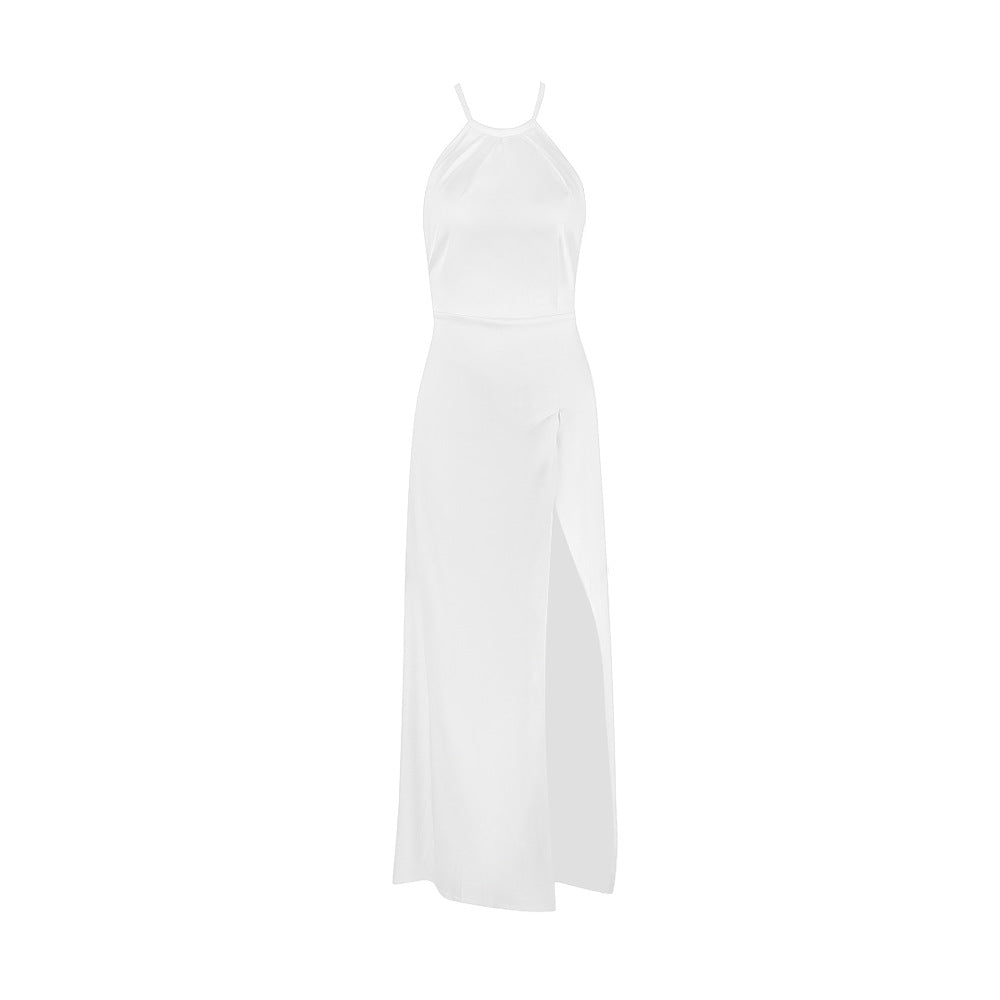 New Style Women's Sexy Halter Halter Slit Long Skirt Temperament White Dress Evening Dress