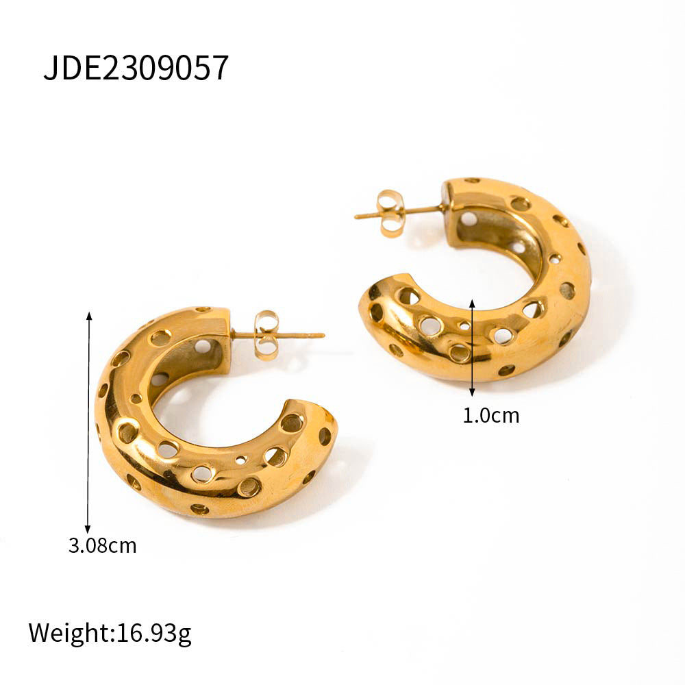 5pcs Fashion 18K Gold Stainless Steel Round Hollow C-Shaped Earrings Clip Combination Earrings Studs