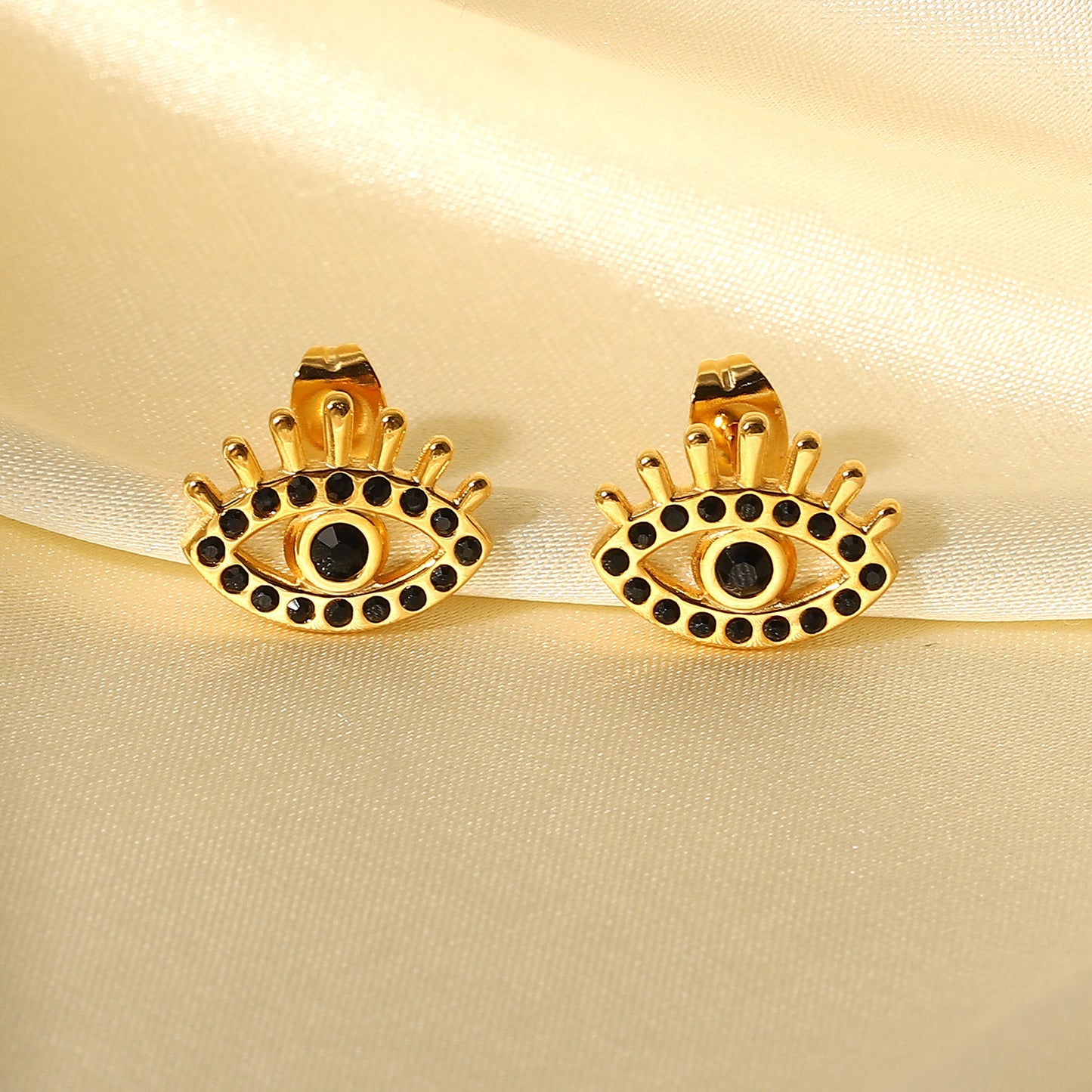 5pcs New Vintage Black Diamond Eye Studs Women's Style 18K Gold Stainless Steel Earrings