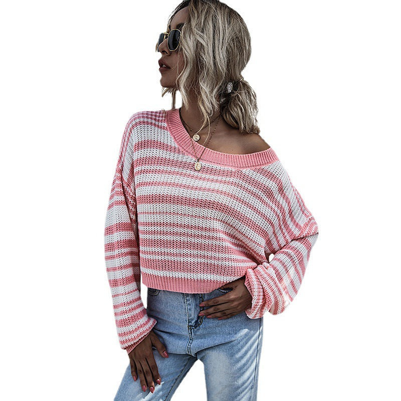 Autumn Round Neck Long Sleeve Bottom Knit Sweater Short Striped Sweater Woman