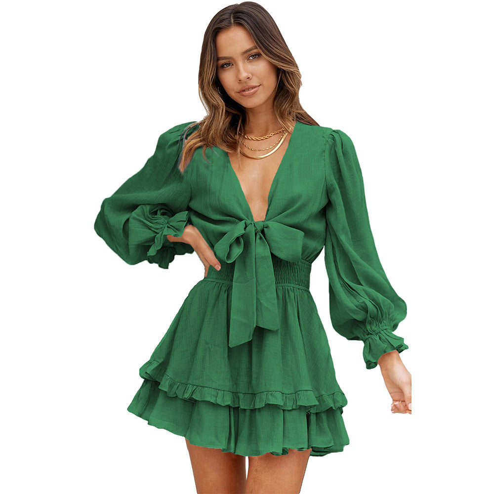 Spring And Autumn New Ruffled Dress Women Waist Drawstring Knee Skirt