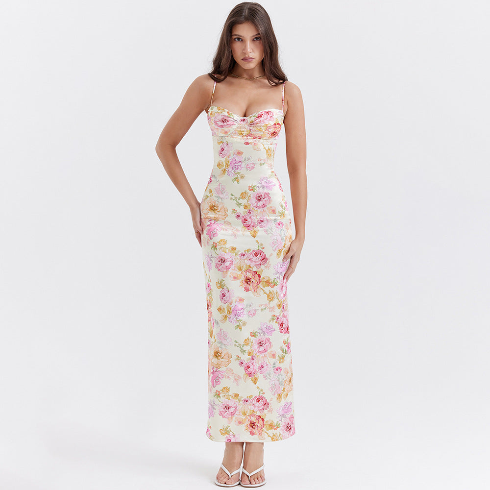 Women's Dress Printed Halter Dress Sexy Backless Split Holiday Wind Floral Dress Woman