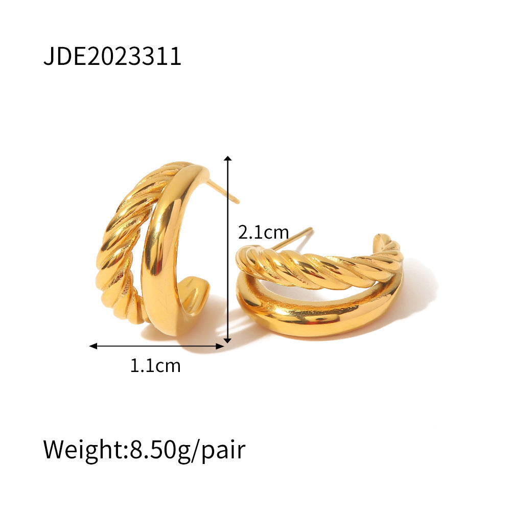 5pcs 18K Gold Irregular Double Twist C-Shaped Earrings Niche Design Earrings Vintage High-Grade Studs