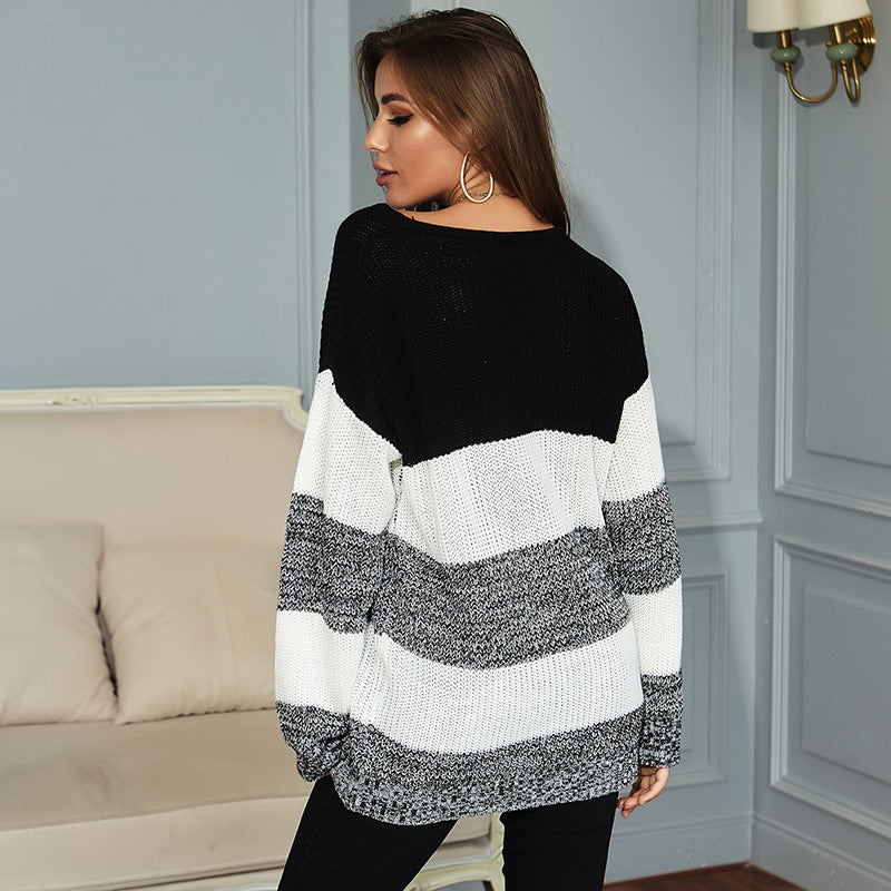 Striped Matching Color Sweater With Sweater Women's Medium Length